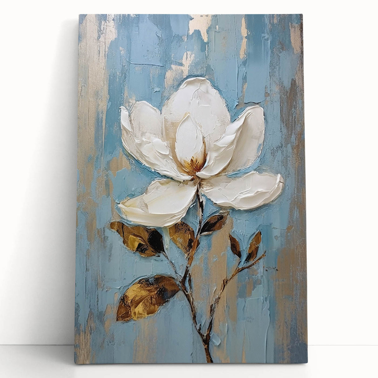 Elegant Floral Glam Wall Art - White Flower on Blue and Gold Background