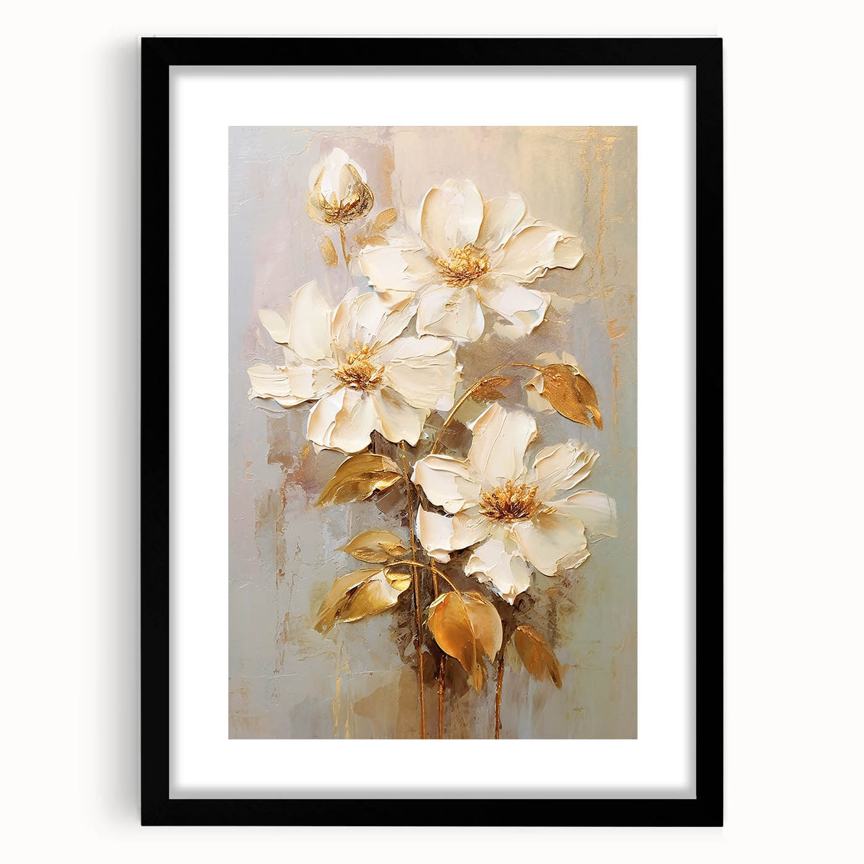 Chic Floral Glam Wall Art - Cream Blossoms with Gold Leaves Accent