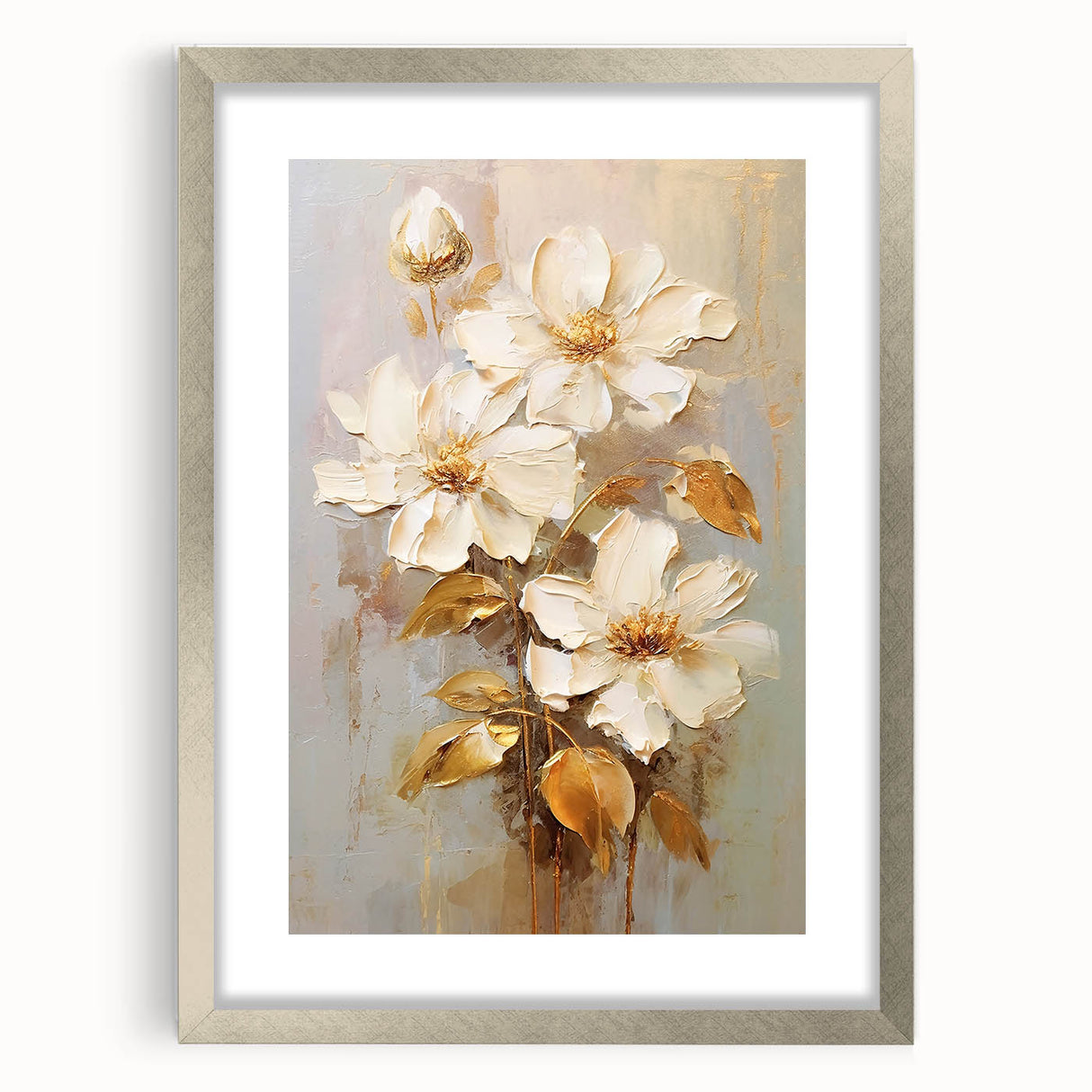 Chic Floral Glam Wall Art - Cream Blossoms with Gold Leaves Accent