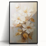 Chic Floral Glam Wall Art - Cream Blossoms with Gold Leaves Accent