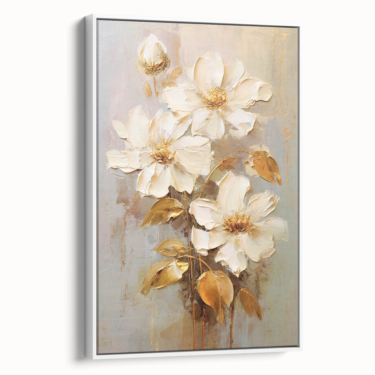 Chic Floral Glam Wall Art - Cream Blossoms with Gold Leaves Accent