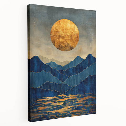 Golden Horizon – Abstract Mountain and Sun Art with Luxe Gold Leaf