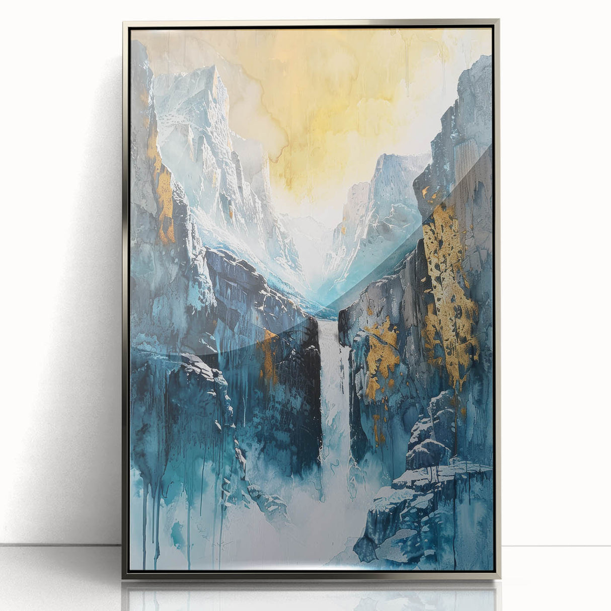 Icy Peaks – Majestic Mountain Waterfall Art with Luxe Gold Details