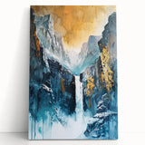 Icy Peaks – Majestic Mountain Waterfall Art with Luxe Gold Details