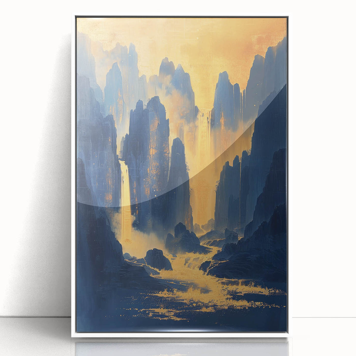 Golden Waterfall Glam Wall Art - Chic Decor with Blue and Gold Tones
