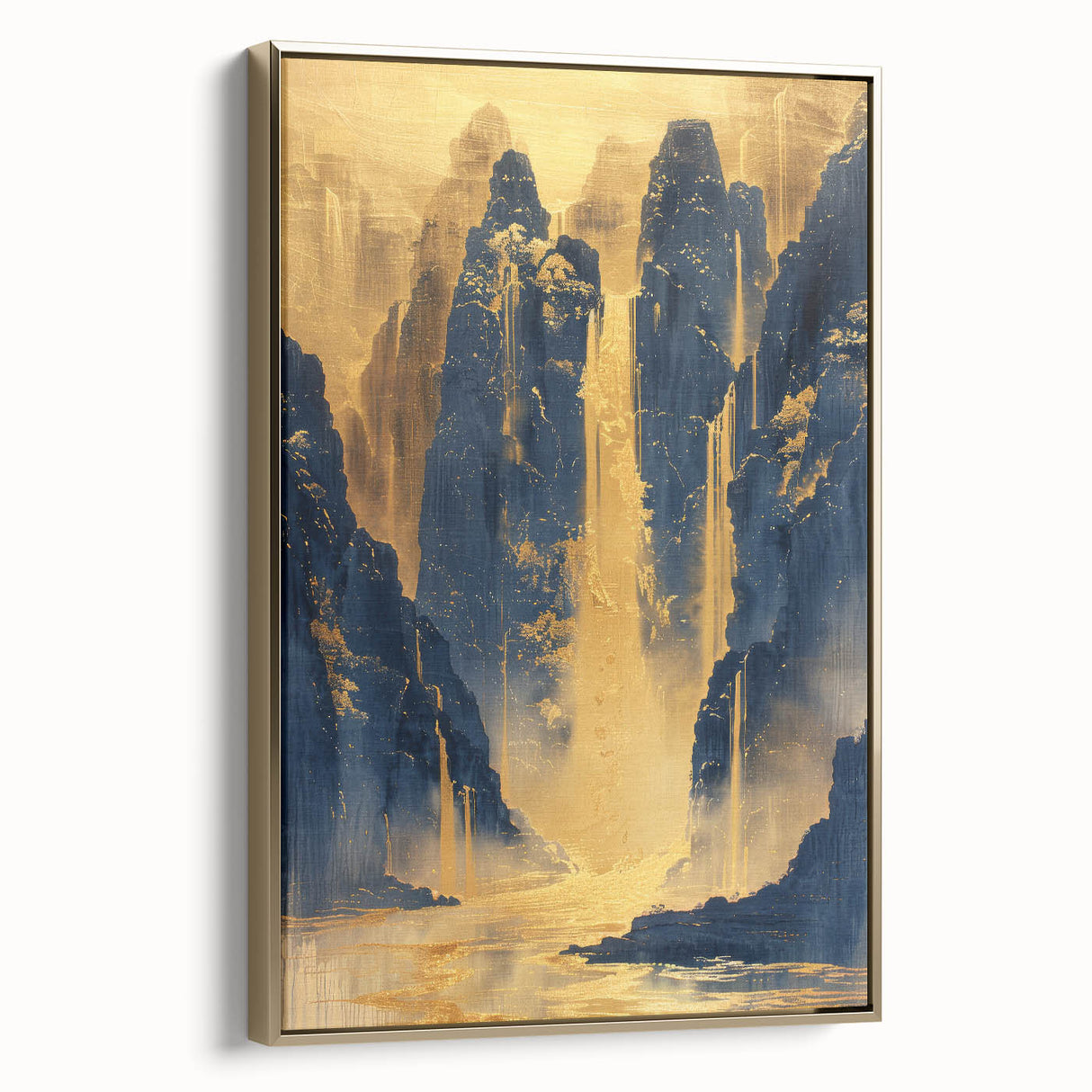 Glam Wall Art - Golden Waterfalls and Dark Blue Mountains in Luxurious Style