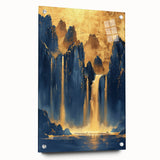 Glam Wall Art - Majestic Golden Waterfalls and Dark Blue Mountains