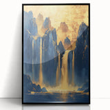 Glam Wall Art - Majestic Golden Waterfalls and Dark Blue Mountains