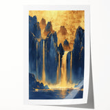 Glam Wall Art - Majestic Golden Waterfalls and Dark Blue Mountains