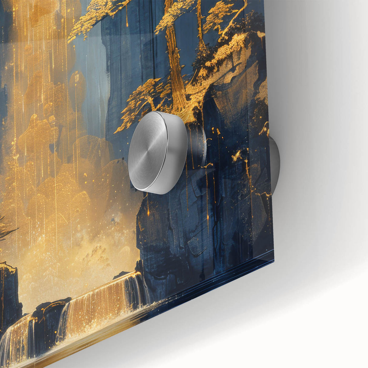 Glam Wall Art - Golden Waterfalls and Trees in Dark Blue Mountain Landscape