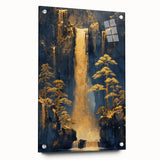 Glam Wall Art - Golden Waterfalls and Trees in Dark Blue Mountain Landscape