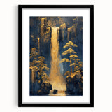 Glam Wall Art - Golden Waterfalls and Trees in Dark Blue Mountain Landscape