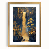 Glam Wall Art - Golden Waterfalls and Trees in Dark Blue Mountain Landscape