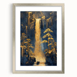 Glam Wall Art - Golden Waterfalls and Trees in Dark Blue Mountain Landscape