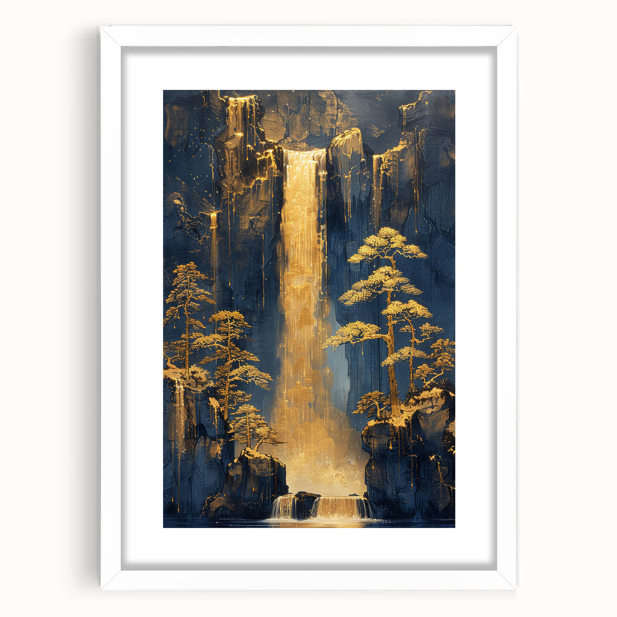 Glam Wall Art - Golden Waterfalls and Trees in Dark Blue Mountain Landscape