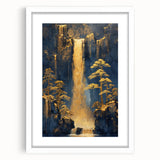 Glam Wall Art - Golden Waterfalls and Trees in Dark Blue Mountain Landscape