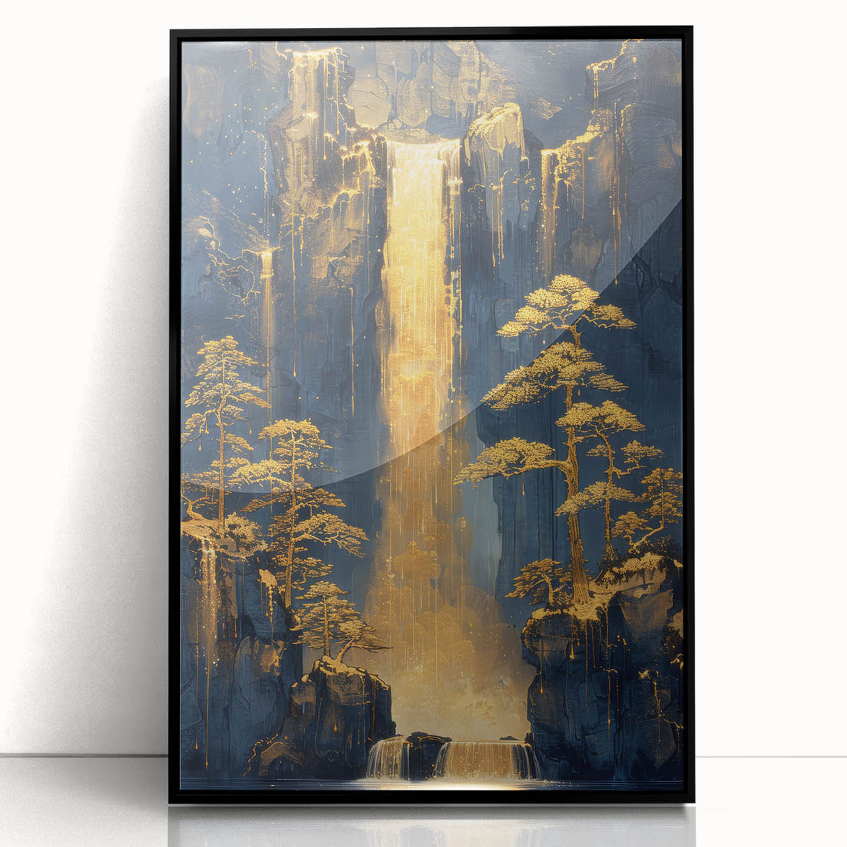 Glam Wall Art - Golden Waterfalls and Trees in Dark Blue Mountain Landscape