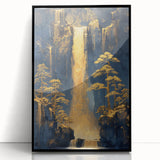 Glam Wall Art - Golden Waterfalls and Trees in Dark Blue Mountain Landscape