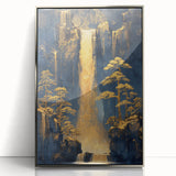 Glam Wall Art - Golden Waterfalls and Trees in Dark Blue Mountain Landscape