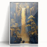 Glam Wall Art - Golden Waterfalls and Trees in Dark Blue Mountain Landscape