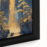 Glam Wall Art - Golden Waterfalls and Trees in Dark Blue Mountain Landscape