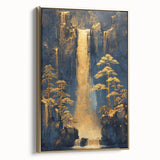 Glam Wall Art - Golden Waterfalls and Trees in Dark Blue Mountain Landscape