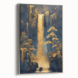 Glam Wall Art - Golden Waterfalls and Trees in Dark Blue Mountain Landscape