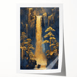 Glam Wall Art - Golden Waterfalls and Trees in Dark Blue Mountain Landscape