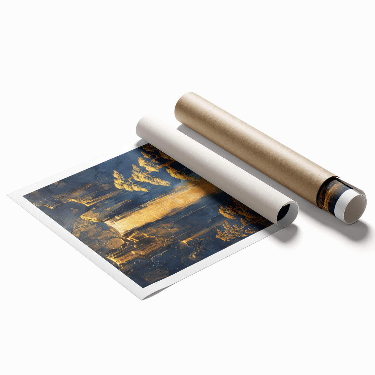 Glam Wall Art - Golden Waterfalls and Trees in Dark Blue Mountain Landscape