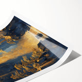 Glam Wall Art - Golden Waterfalls and Trees in Dark Blue Mountain Landscape