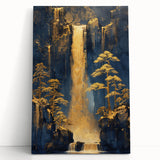 Glam Wall Art - Golden Waterfalls and Trees in Dark Blue Mountain Landscape
