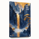 Glam Wall Art - Golden Waterfall and Trees with Dark Blue Mountains