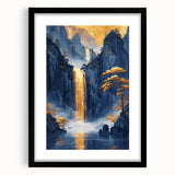 Glam Wall Art - Golden Waterfall and Trees with Dark Blue Mountains