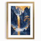 Glam Wall Art - Golden Waterfall and Trees with Dark Blue Mountains