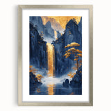 Glam Wall Art - Golden Waterfall and Trees with Dark Blue Mountains