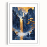 Glam Wall Art - Golden Waterfall and Trees with Dark Blue Mountains
