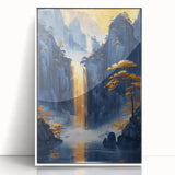Glam Wall Art - Golden Waterfall and Trees with Dark Blue Mountains