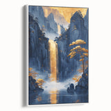 Glam Wall Art - Golden Waterfall and Trees with Dark Blue Mountains
