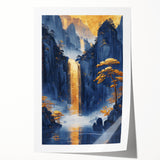 Glam Wall Art - Golden Waterfall and Trees with Dark Blue Mountains