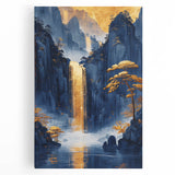 Glam Wall Art - Golden Waterfall and Trees with Dark Blue Mountains
