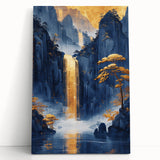 Glam Wall Art - Golden Waterfall and Trees with Dark Blue Mountains