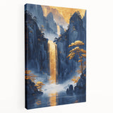 Glam Wall Art - Golden Waterfall and Trees with Dark Blue Mountains