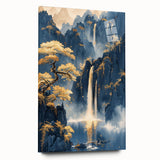 Glam Wall Art - Golden Waterfalls and Trees in Misty Dark Blue Mountains