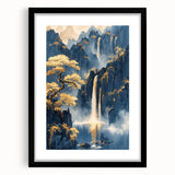 Glam Wall Art - Golden Waterfalls and Trees in Misty Dark Blue Mountains