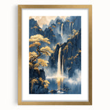 Glam Wall Art - Golden Waterfalls and Trees in Misty Dark Blue Mountains