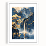 Glam Wall Art - Golden Waterfalls and Trees in Misty Dark Blue Mountains