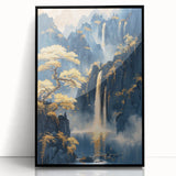 Glam Wall Art - Golden Waterfalls and Trees in Misty Dark Blue Mountains