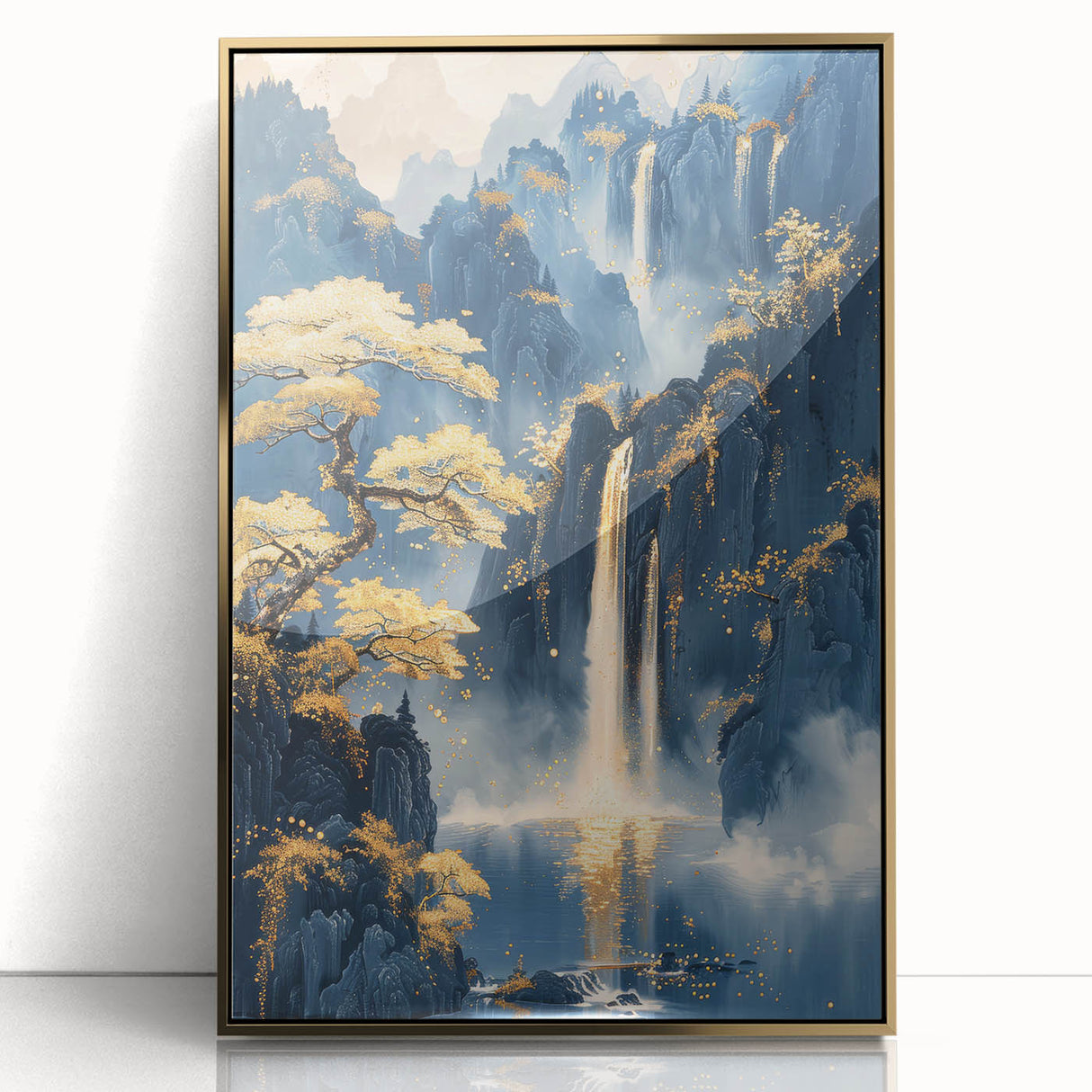 Glam Wall Art - Golden Waterfalls and Trees in Misty Dark Blue Mountains