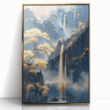Glam Wall Art - Golden Waterfalls and Trees in Misty Dark Blue Mountains