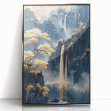 Glam Wall Art - Golden Waterfalls and Trees in Misty Dark Blue Mountains